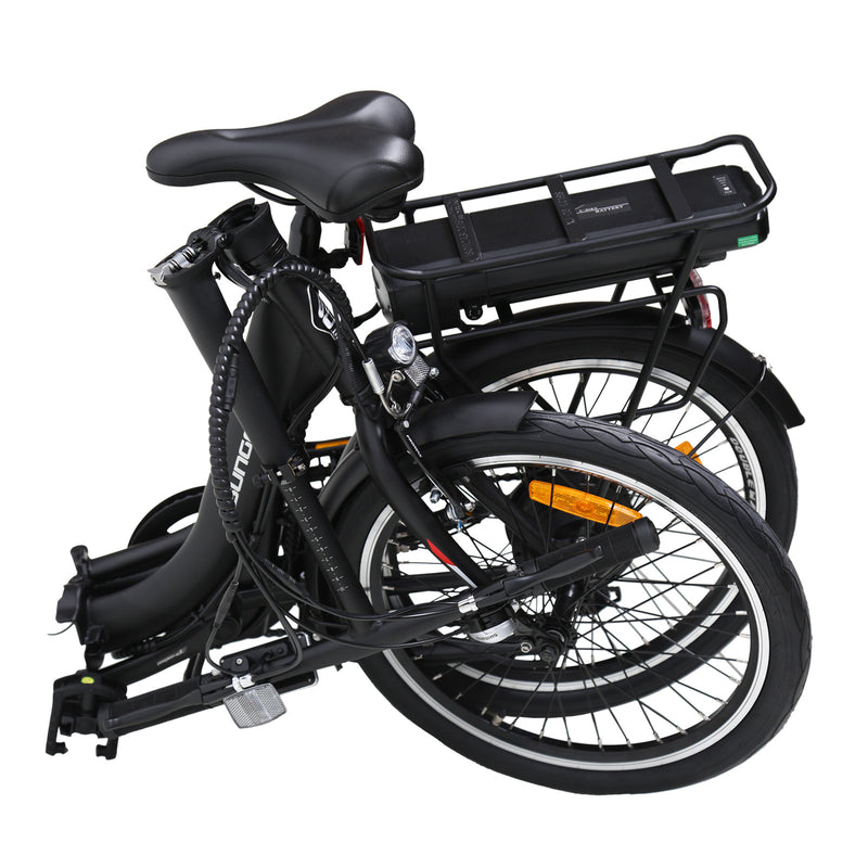 ECO Folding VII bicycle by Txedbikes, compact black folding bike with sleek frame and small wheels, ready for urban commuting.