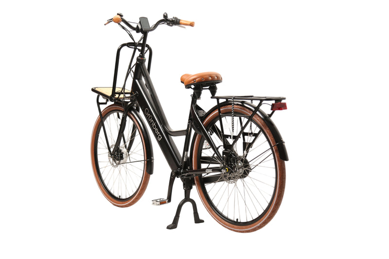 Rear view of TXED el Amsterdam Cargo F Damenmodell bike in black, showcasing its sturdy frame and cargo-ready design.