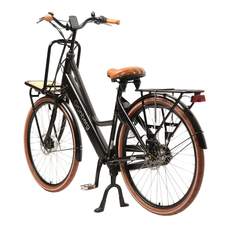 Rear view of TXED el Amsterdam Cargo F Damenmodell bike in black, showcasing its sturdy frame and cargo-ready design.