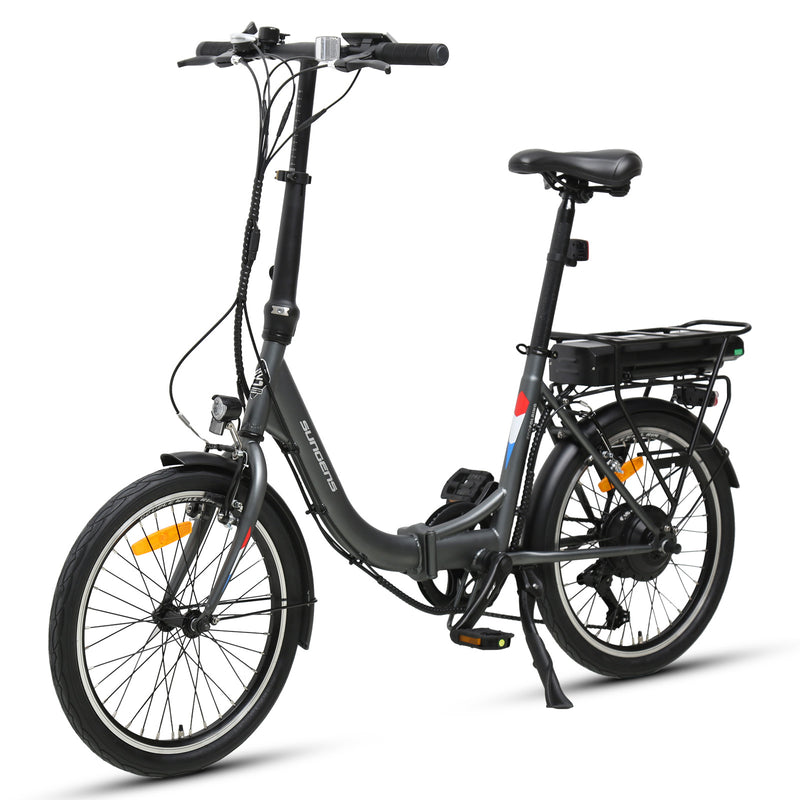 Eco-friendly folding bike ECO Folding VII by Txedbikes, showing the compact frame and handlebars in a city setting.